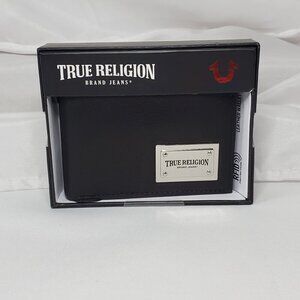 True Religion Mens Black Leather Wallet Bifold RFID Protection & Gift Box
